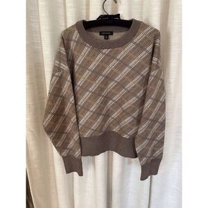 Ann Taylor Brown/Taupe Long Sleeves Jacquard Striped Plaid Knit Sweater Size XXL